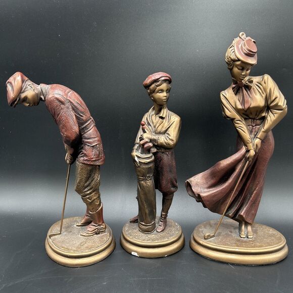3 VTG Bronze Austin Sculpture Golf Figure Statue Woman Man Putting Boy Caddie - Picture 1 of 11